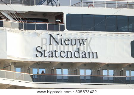 Ijmuiden, The Netherlands -june, 9th 2019: Nieuw Statendam Leaving Ijmuiden Sea Lock, Detail Of Name