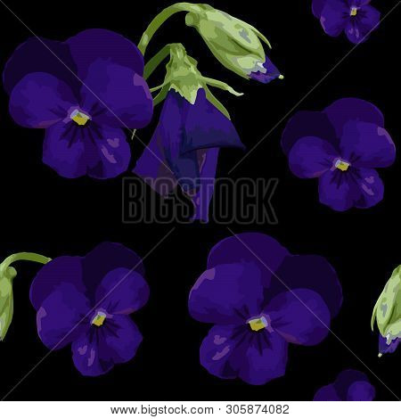 Seamless Pattern With Purple Pansies And Buds On Black Background