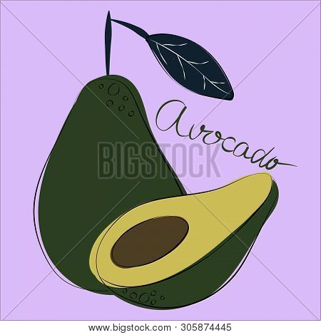 Vector Illustration Of Whole And Cut Avocados On Pastel Purple Background