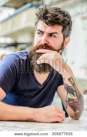 Waiting And Tinking. Thoughtful Man Outdoor. Facial Skin Care. Bearded Man Feel Loneliness. Mature H