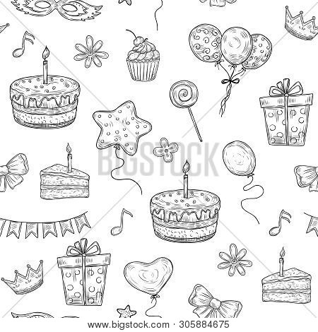 Happy Birthday Seamless Pattern. Birthday Celebration Party Drawn Cake Balloon Candle Kids Holiday D