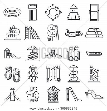 Waterpark Icons Set. Outline Set Of Waterpark Vector Icons For Web Design Isolated On White Backgrou
