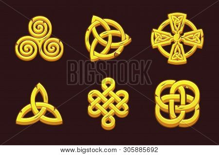 Golden Celtic Symbols. Cartoon Set Celtic Icons.