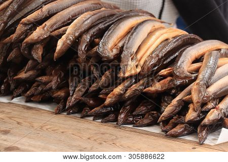 Fresh Smoked Eel At A Dutch Market, A Dutch Delicacy