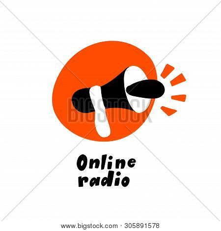 Vector Flat Hand Drawn Illustration Of Speakerphone. Online Radio, Podcast Show, Broadcast Concept.