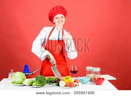 Woman Chef Hold Sharp Knife. Chop Food Like Pro. Knife Skills Concept. Sexy Aphrodisiac Dinner Recip