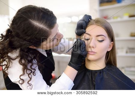Beautician Painting Eye Cilia By Brush. Attractive Woman Getting Facial Care And Makeup At Beauty Sa