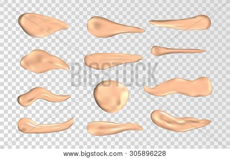 Concealer Smears Vector Set. Foundation Cream Isolated On Transparent Background. Cosmetic Cream Smu