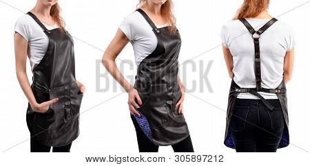 Young Redhaired Woman Chef Or Waiter Posing, Wearing Apron And T-shirt Isolated On White Background.
