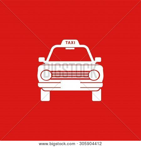 White Sedan Car Taxi, Moskvich, Lada Fron View Icon On Red.  Illustration Isolated Vector Sign Symbo
