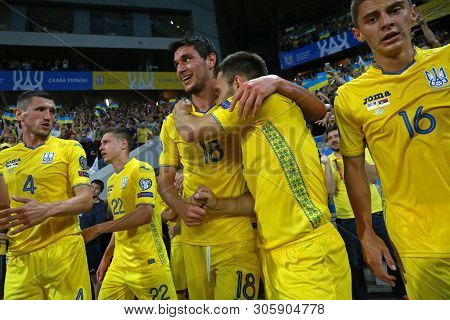 Lviv, Ukraine - June 7, 2019: Ukrainian Players Celebrate After Scored A Goal During The Uefa Euro 2