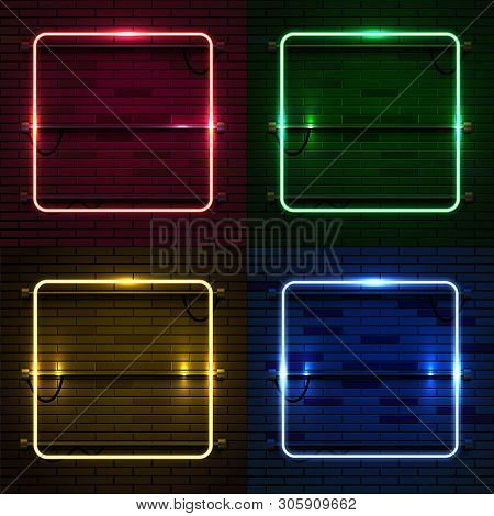 Neon Lamp Casino Rectangel Frame On Brick Wall Background. Las Vegas Concept.