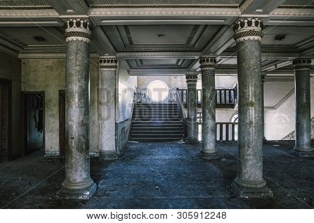 Tskaltubo, Georgia - April 27, 2019: Detail Of The Abandoned Soviet Sanatorium Meshakhte In Tskaltub