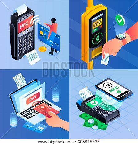 Nfc Technology Banner Set. Isometric Set Of Nfc Technology Vector Banner For Web Design