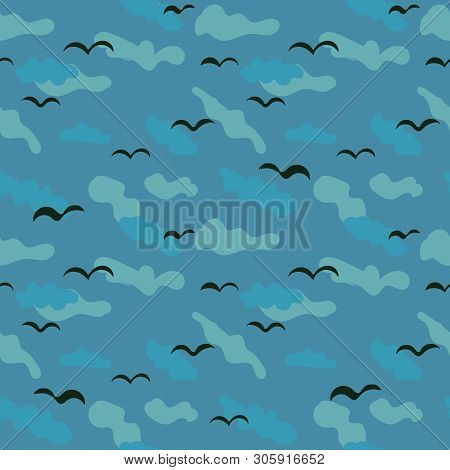 Seamless Vector Pattern With Black Birds On Blue Cloudy Background. Surface Print Design