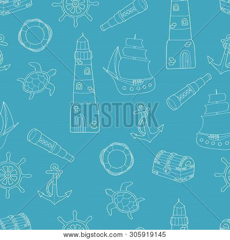 Doodle Seamless Pattern On Marine Theme: Ship, Lighthouse, Lifeline, Anchor, Steering Wheel, Telesco