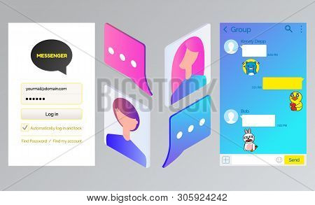 Korean Messenger Kakao Talk, Chat Interface And Avatars, Login Page Vector. Online Communication In 