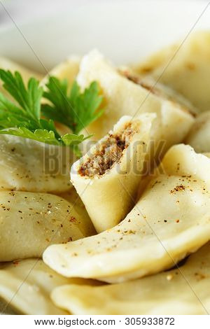 Dumplings, Filled With Mashed Potatoes And Liver. Russian, Ukrainian Or Polish Dish: Varenyky, Varen
