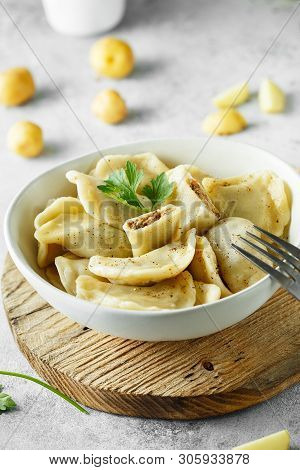 Dumplings, Filled With Mashed Potatoes And Liver. Russian, Ukrainian Or Polish Dish: Varenyky, Varen