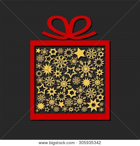 Gift Box With Golden Stars And Snowflakes On Dark Background, Merry Christmas Ans Happy New Year Car
