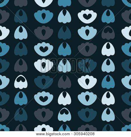 Seamless Vector Pattern With Simplified Tulips On Dark Background. Surface Pattern Design.