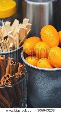 Glintwine Accessories. Making Mulled Wine For Sale Outdoor On Winter Holidays, Vertical Panorama