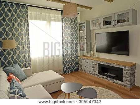 Living Room Interior With An Electrofireplace. Scandinavian Style