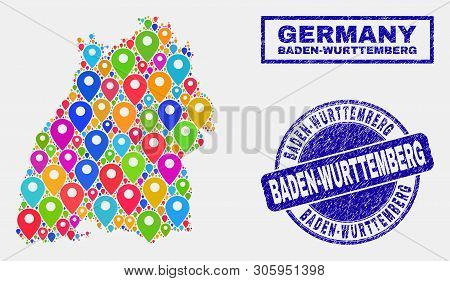 Vector Colorful Mosaic Baden-wurttemberg Land Map And Grunge Seals. Flat Baden-wurttemberg Land Map 
