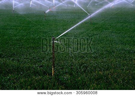 Sprinker irrigation system spraying water on field agricultural