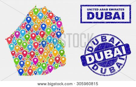 Vector Bright Mosaic Dubai Emirate Map And Grunge Seals. Abstract Dubai Emirate Map Is Formed From R