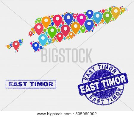 Vector Colorful Mosaic East Timor Map And Grunge Seals. Abstract East Timor Map Is Composed From Ran