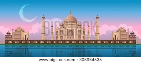 Sunset At Taj Mahal In Agra, India, Panoramic Vector