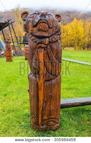 Esso, Kamchatka, Russia- 02 October 2014: Wooden, Carved Figures At The Exhibition Of The Kamchatka 