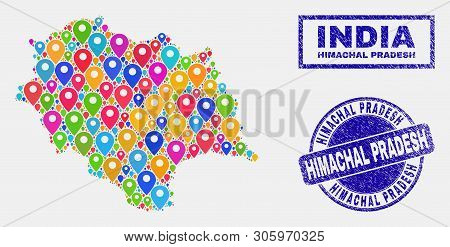 Vector Bright Mosaic Himachal Pradesh State Map And Grunge Watermarks. Abstract Himachal Pradesh Sta