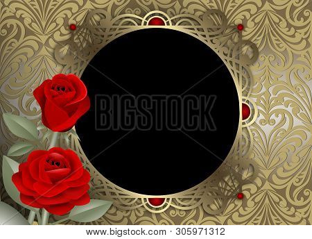 Golden Round Frame Decoration With Red Roses On Vintage Background