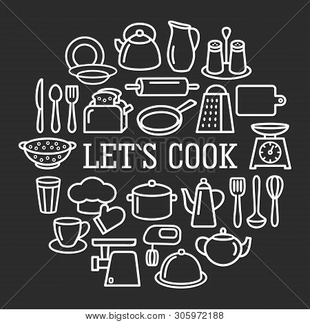 Cooking Set In Circle Template Of Modern Thin Line Icons Home Tableware, Household And Kitchen Utens