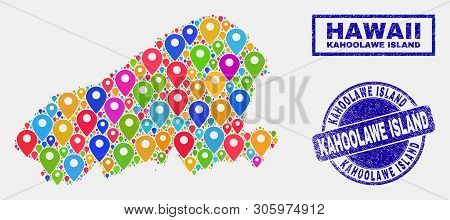 Vector Bright Mosaic Kahoolawe Island Map And Grunge Watermarks. Abstract Kahoolawe Island Map Is De