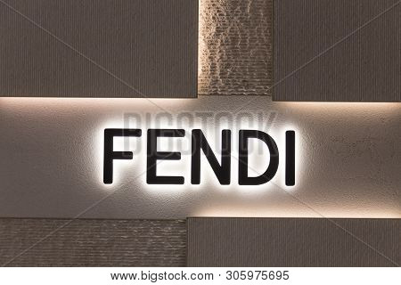 New York, Usa - 17 May, 2019: Fendi Logo At The Entrance To A Fendi Storefront In New York. Fendi Is