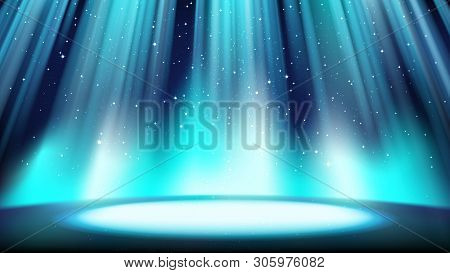 Empty Blue Scene With A Dark Background, Place Lit By Bright Cyan Spotlight, Falling Shiny Sparkling