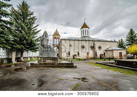Akhalkalaki, Georgia - May 9, 2017. Area Of Surb Khaj Church With Big Statue
