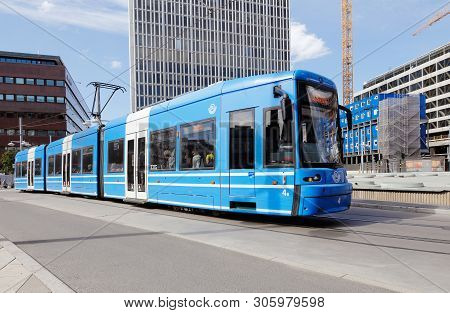 Stockholm, Sweden - June 10, 2019: Articulated Tram In Service For Sl On Line 7 At The Sergels Torg 