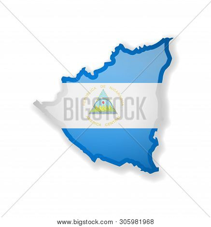 Nicaragua Flag And Outline Of The Country On A White Background.