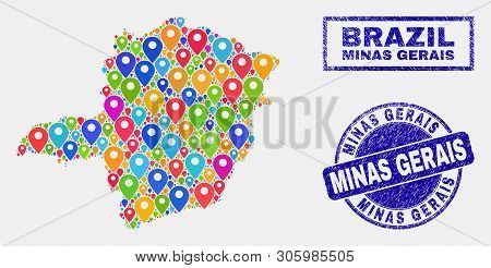 Vector Colorful Mosaic Minas Gerais State Map And Grunge Stamp Seals. Flat Minas Gerais State Map Is