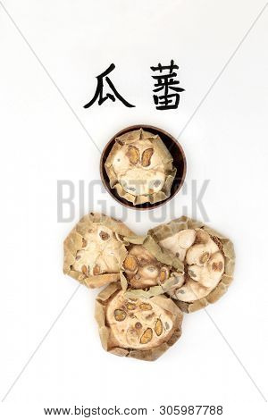 Chinese cucumber herb used in chinese herbal medicine with calligraphy script, used for chest & lung infection problems. Translation reads as chinese cucumber. Gua Lou. Fructus trichosanthis kirlowii.