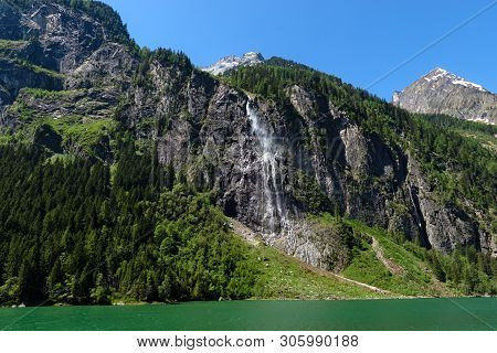 Panoramic View Of The Waterfall On The Lake Stillup In The Alps, Austria, Tyrol