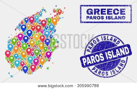Vector Colorful Mosaic Paros Island Map And Grunge Stamp Seals. Flat Paros Island Map Is Composed Fr