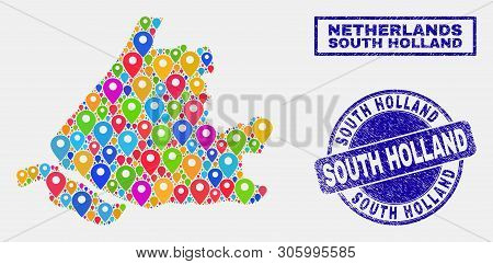 Vector Bright Mosaic South Holland Map And Grunge Watermarks. Abstract South Holland Map Is Created 