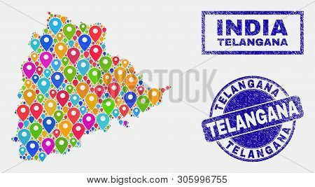 Vector Bright Mosaic Telangana State Map And Grunge Stamp Seals. Abstract Telangana State Map Is For