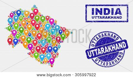 Vector Colorful Mosaic Uttarakhand State Map And Grunge Stamp Seals. Abstract Uttarakhand State Map 
