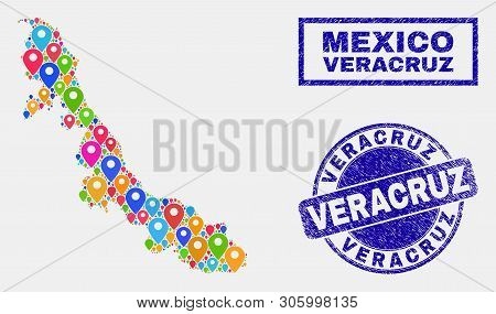 Vector Bright Mosaic Veracruz State Map And Grunge Stamp Seals. Abstract Veracruz State Map Is Desig